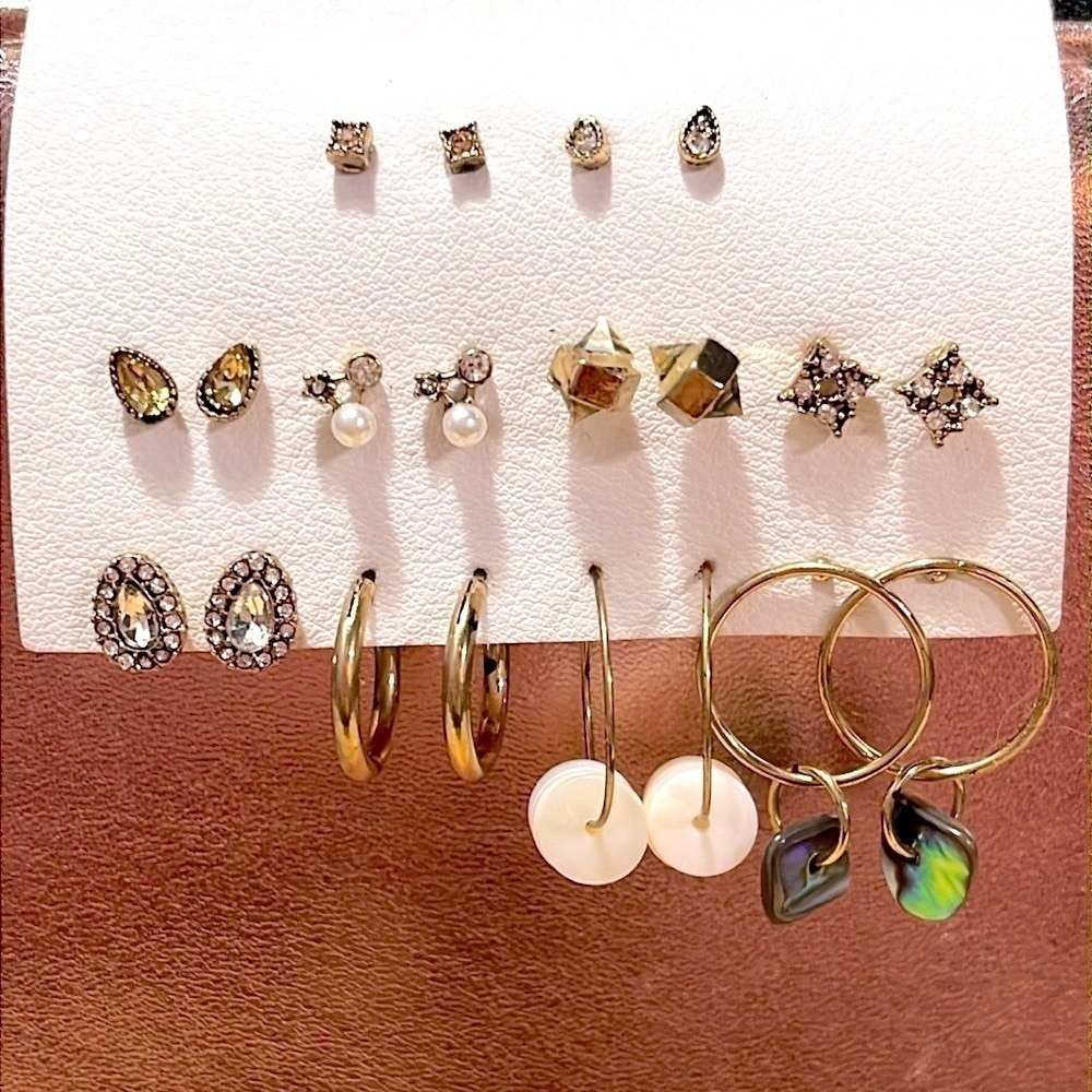 Brand New Set of 10 Pairs Post Earrings Vintage Antique Gold Studs Hoops Beads